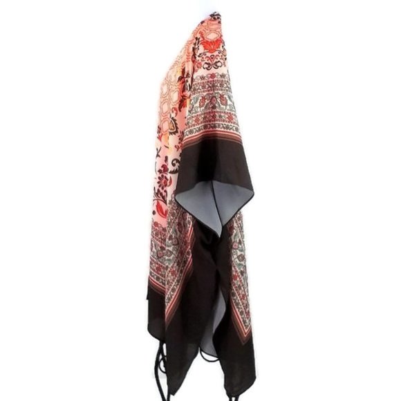 Brown, Orange Floral Scarf Print Open Front Short Sleeve Kimono Top Womens S/M - Picture 4 of 8